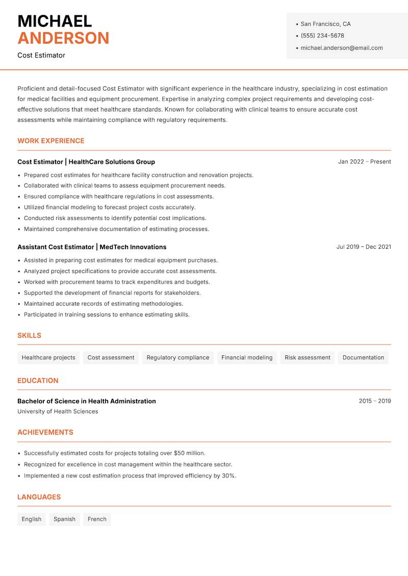 Cost Estimator resume template — Modern Professional