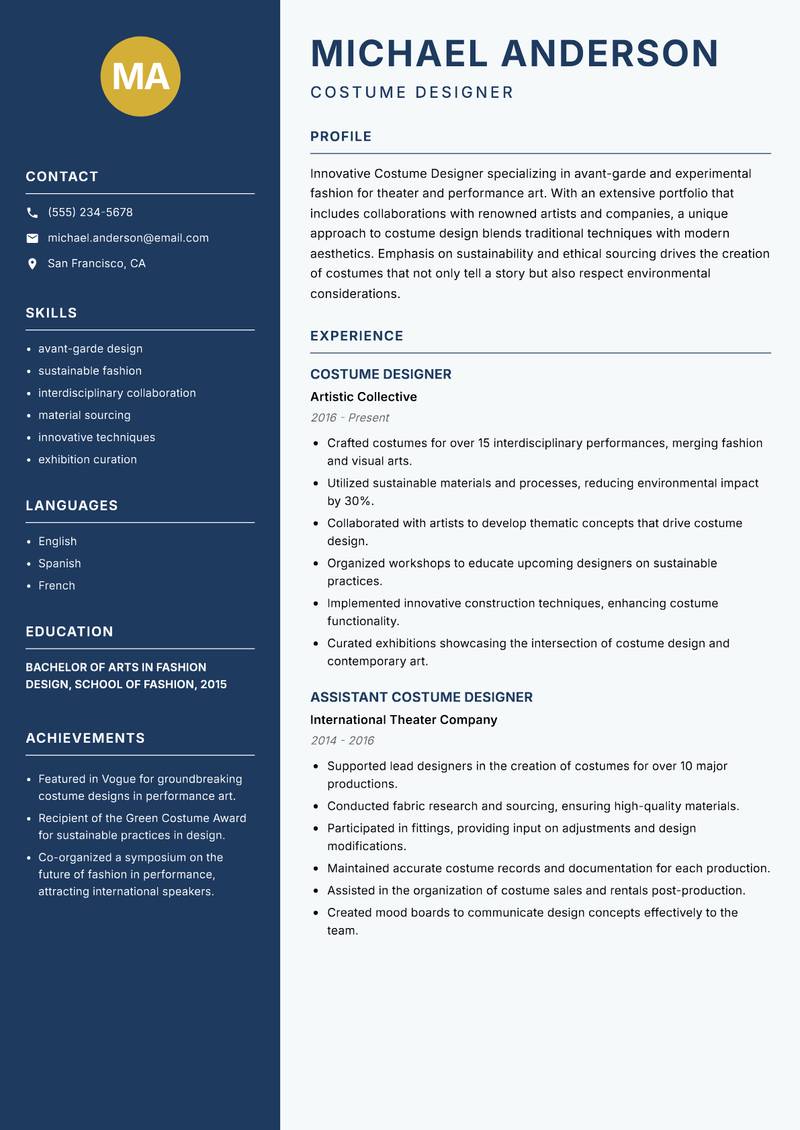 Costume Designer resume template — Classic Clean