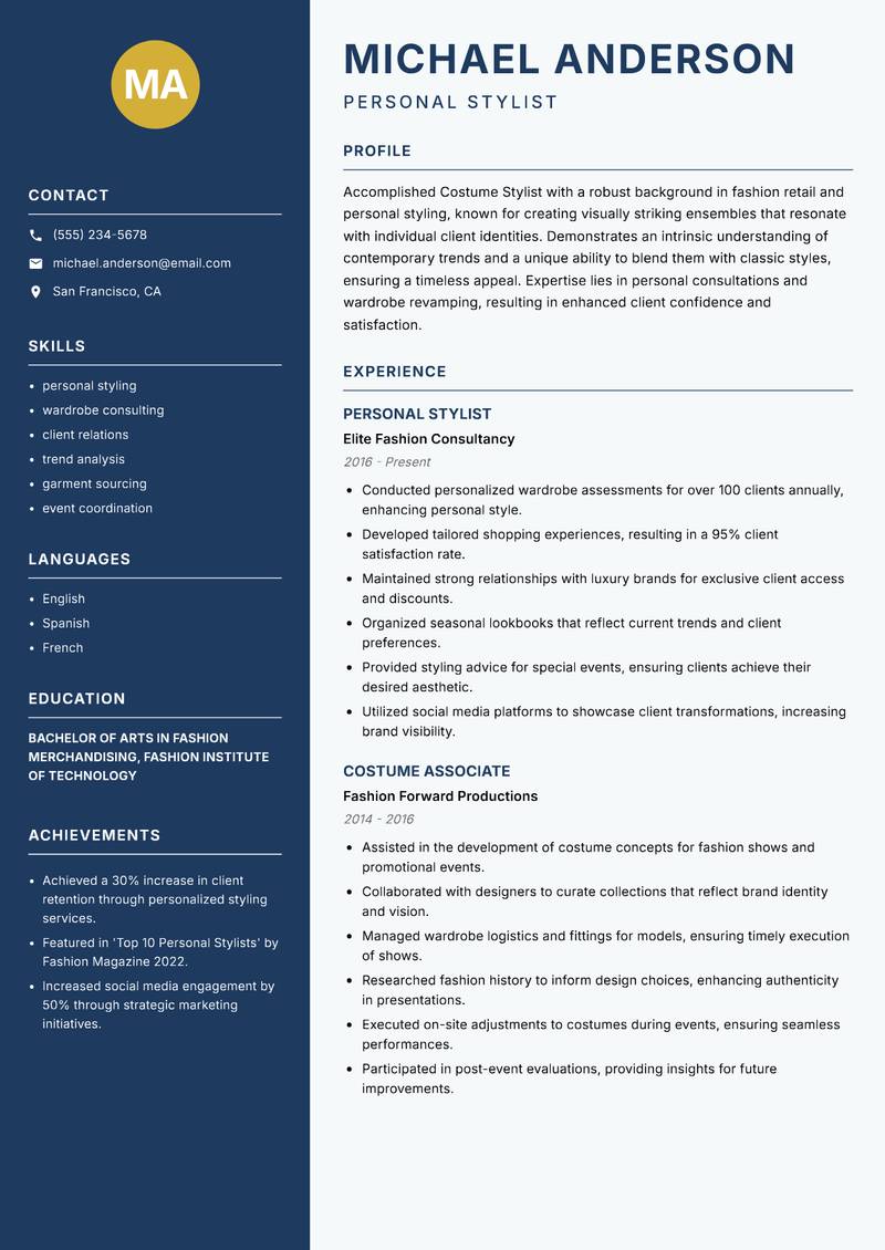 Costume Stylist resume template — Classic Clean