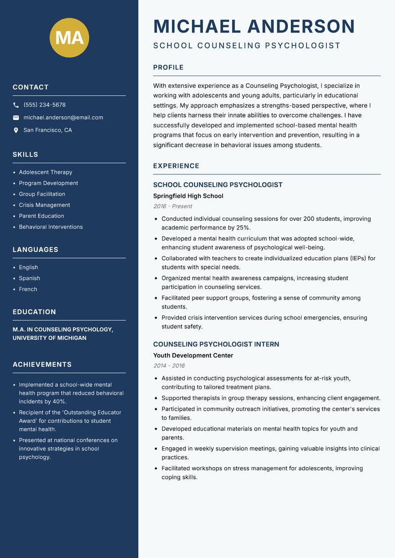 Counseling Psychologist resume template — Classic Clean