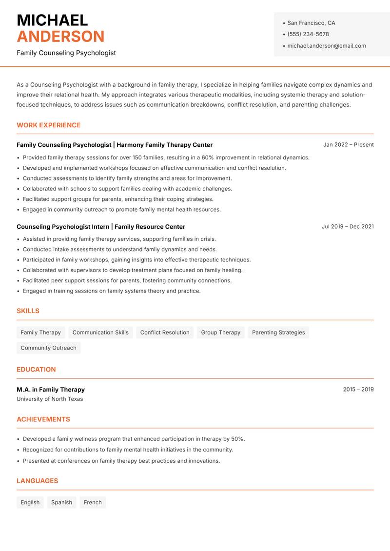 Counseling Psychologist resume template — Modern Professional