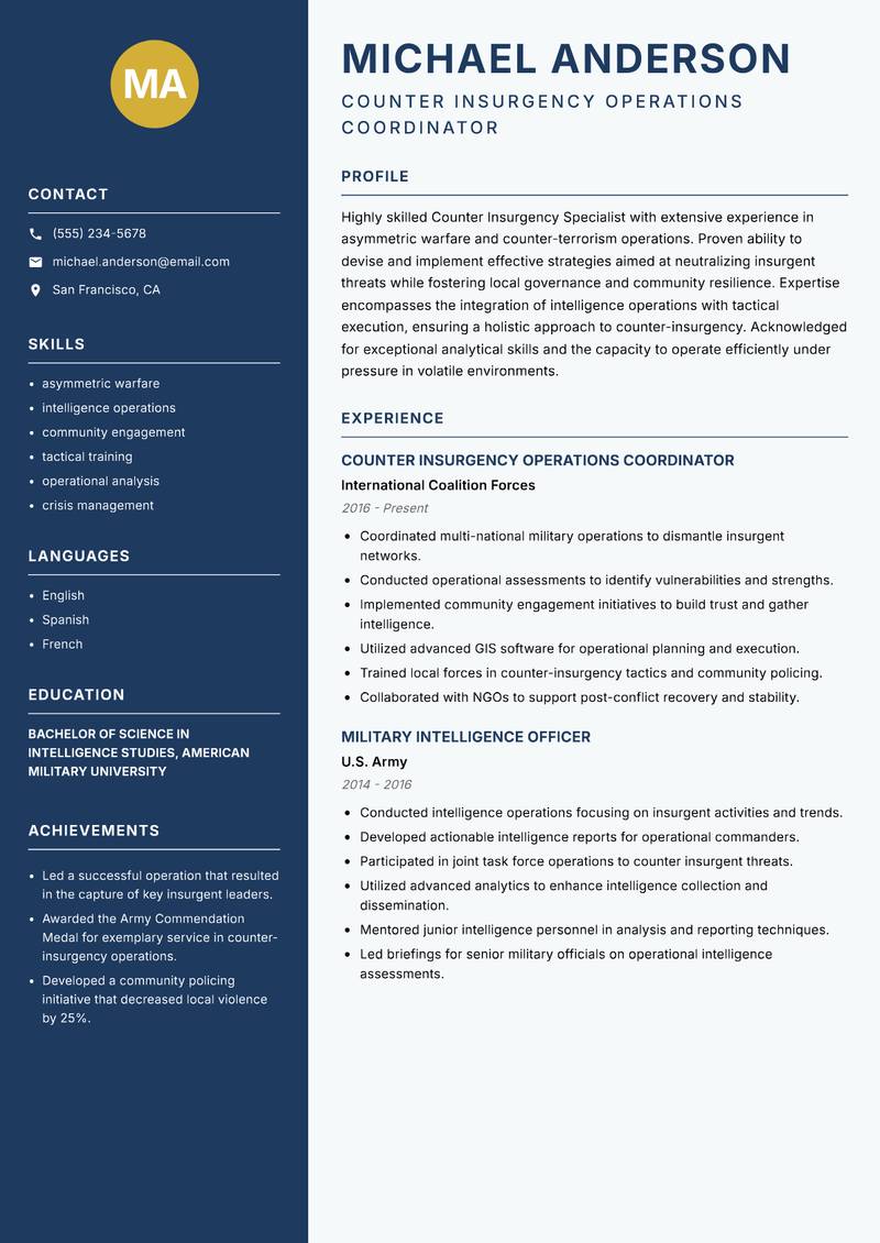 Counter Insurgency Specialist resume template — Classic Clean