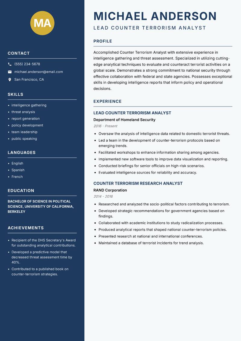 Counter Terrorism Analyst resume template — Classic Clean