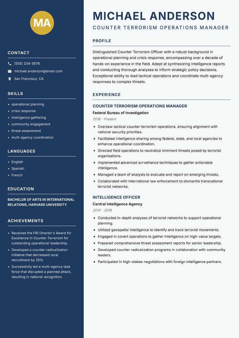 Counter Terrorism Officer resume template — Classic Clean