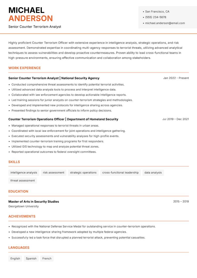 Counter Terrorism Officer resume template — Modern Professional