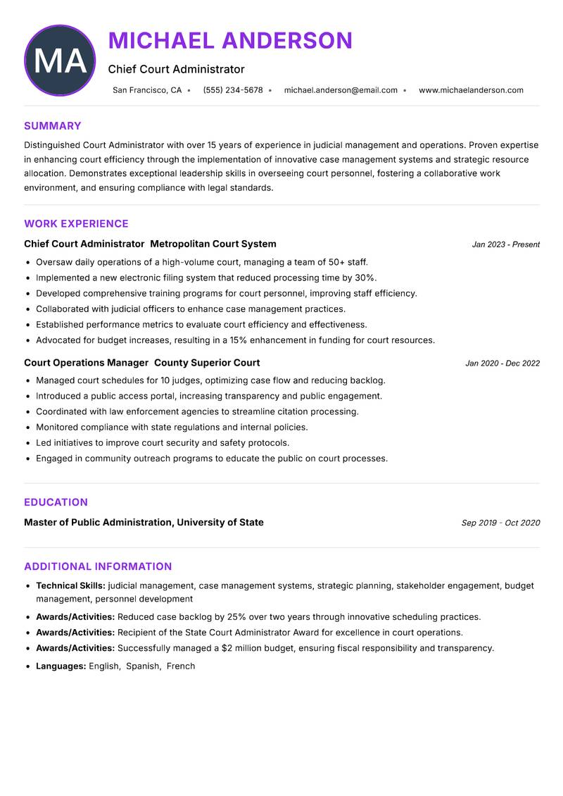 Court Administrator resume example — ATS-friendly template