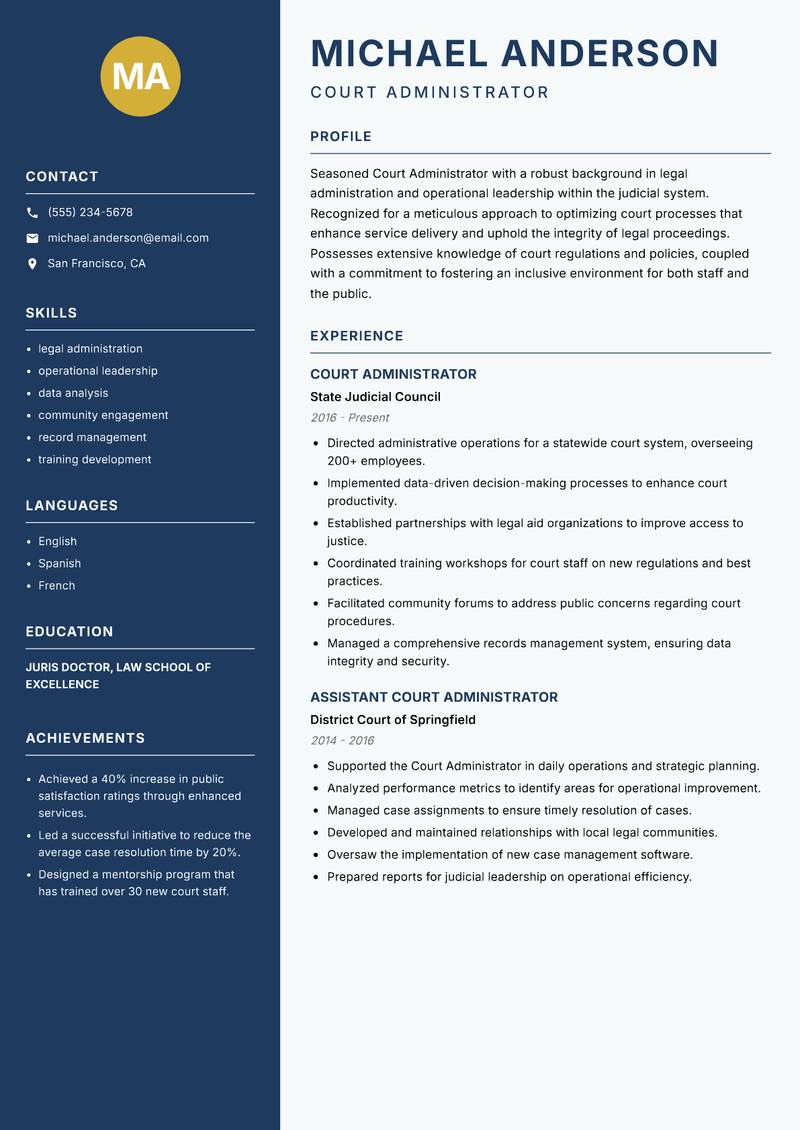Court Administrator resume template — Classic Clean