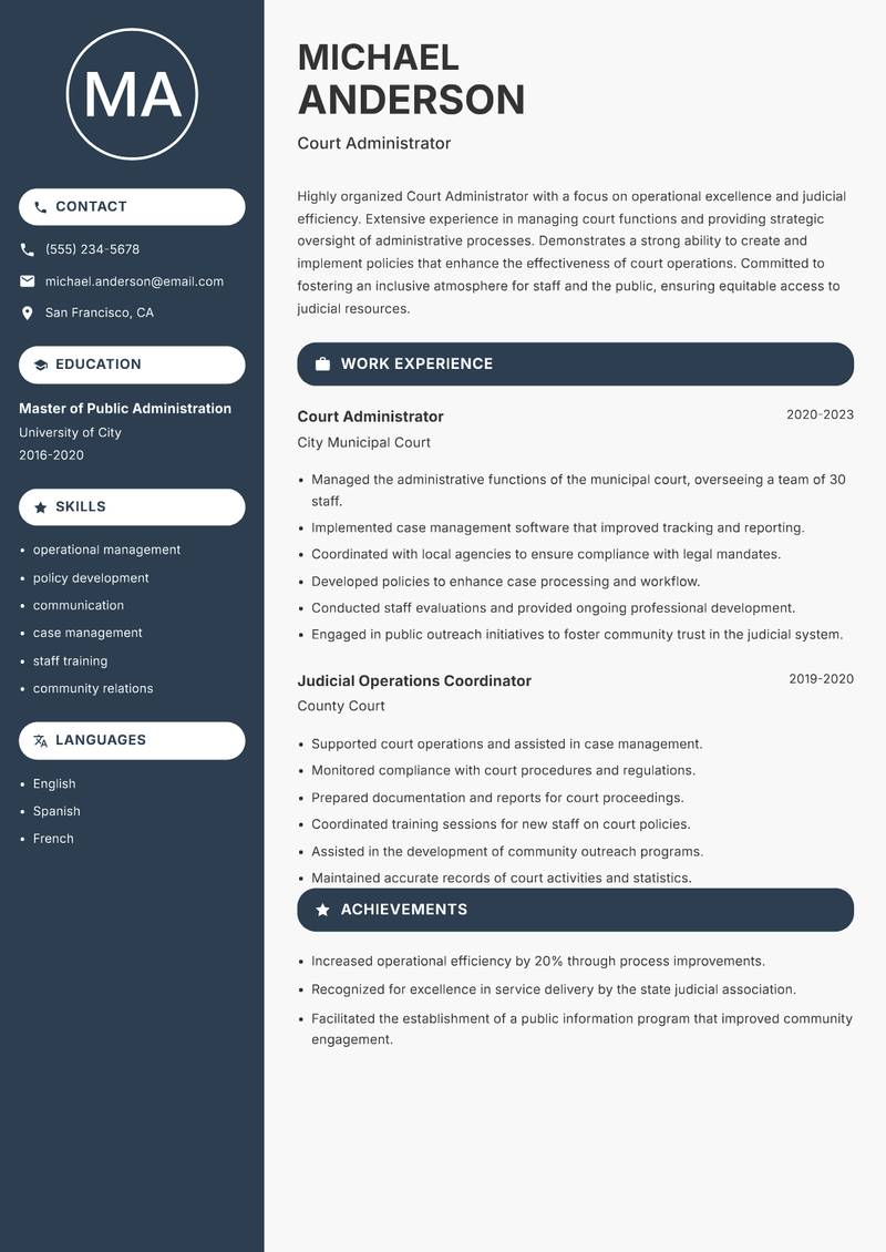 Court Administrator resume template — Compact