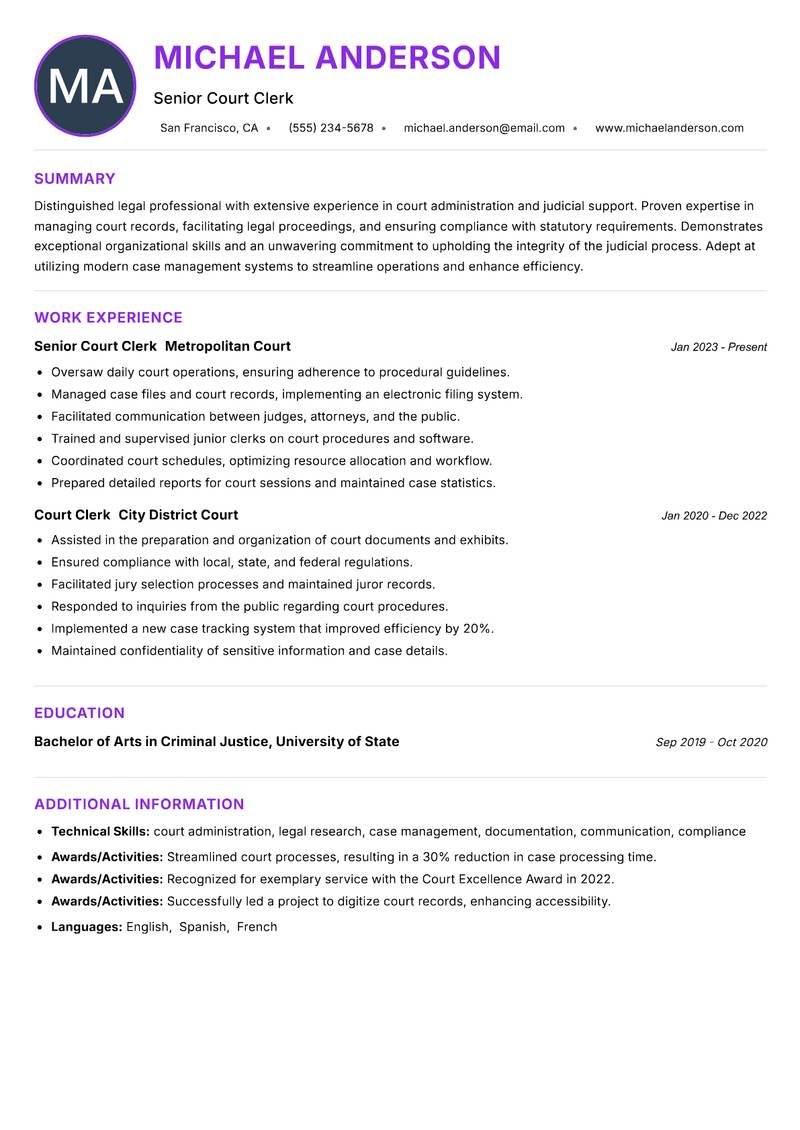 Court Clerk resume example — ATS-friendly template