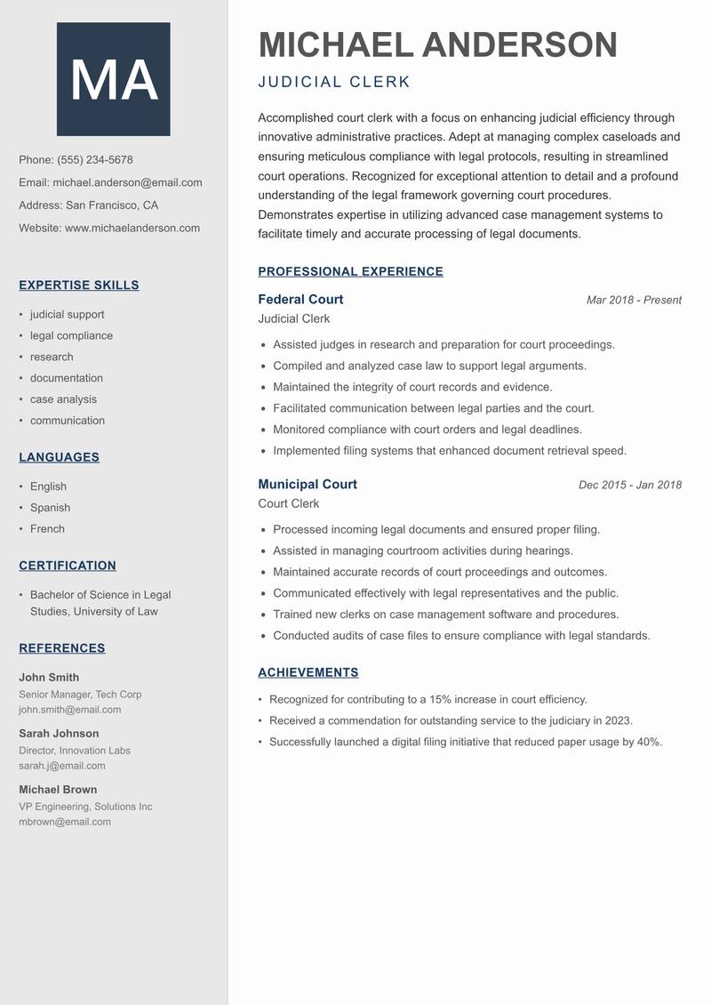 Court Clerk resume template — Creative Minimal