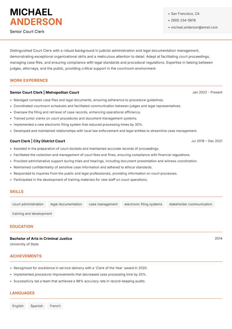 Court Clerk resume template — Modern Professional