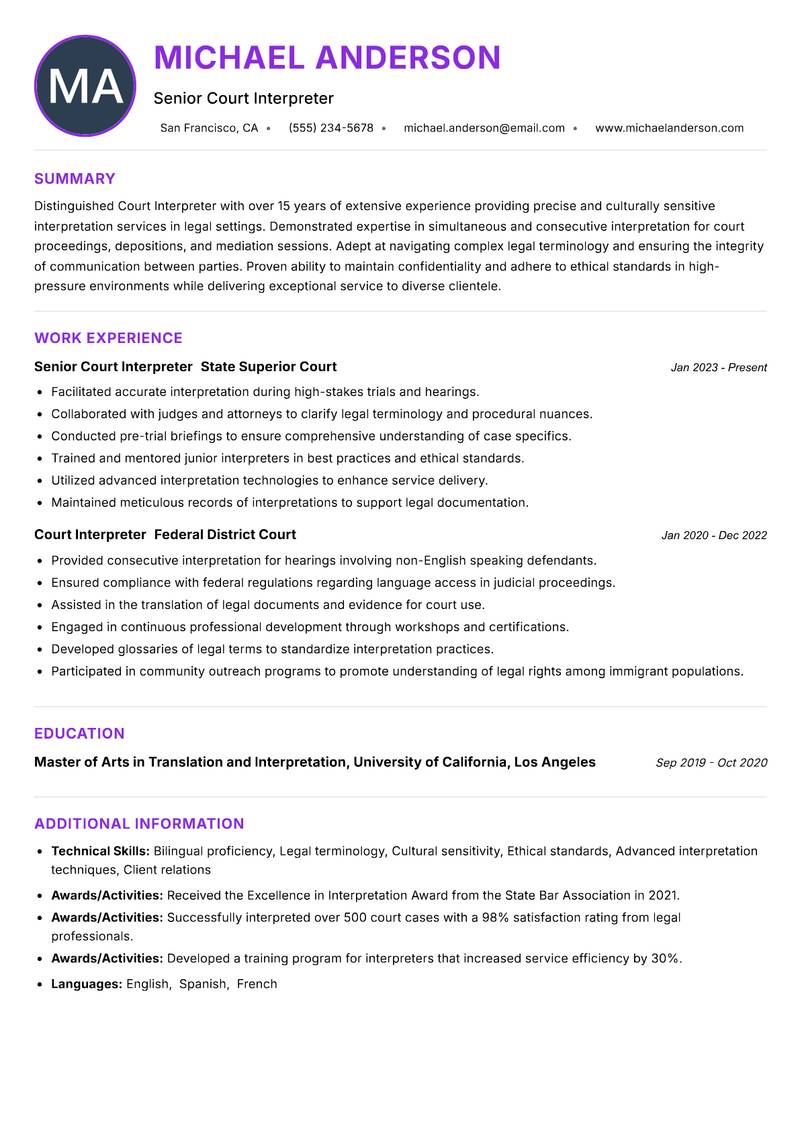 Court Interpreter resume example — ATS-friendly template