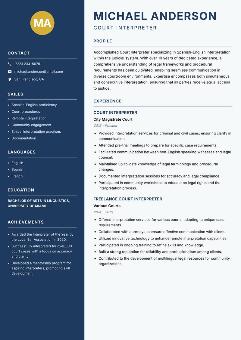 Court Interpreter resume template — Classic Clean
