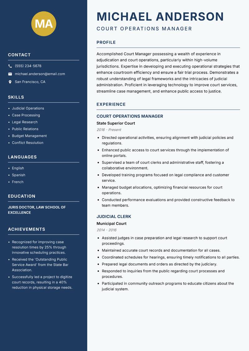 Court Manager resume template — Classic Clean