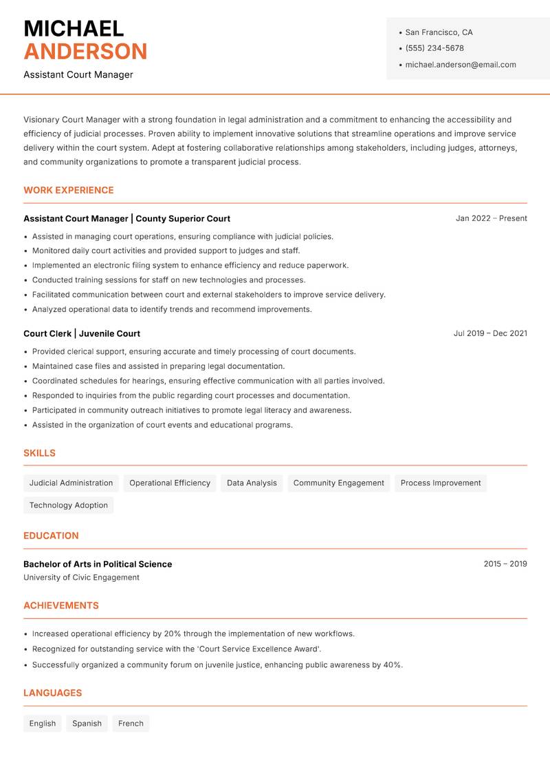 Court Manager resume template — Modern Professional