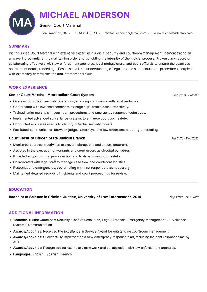 Court Marshal resume example — ATS-friendly template