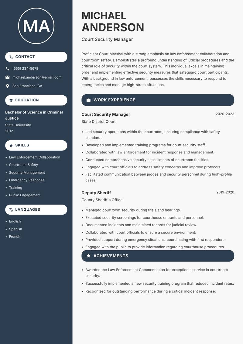 Court Marshal resume template — Compact