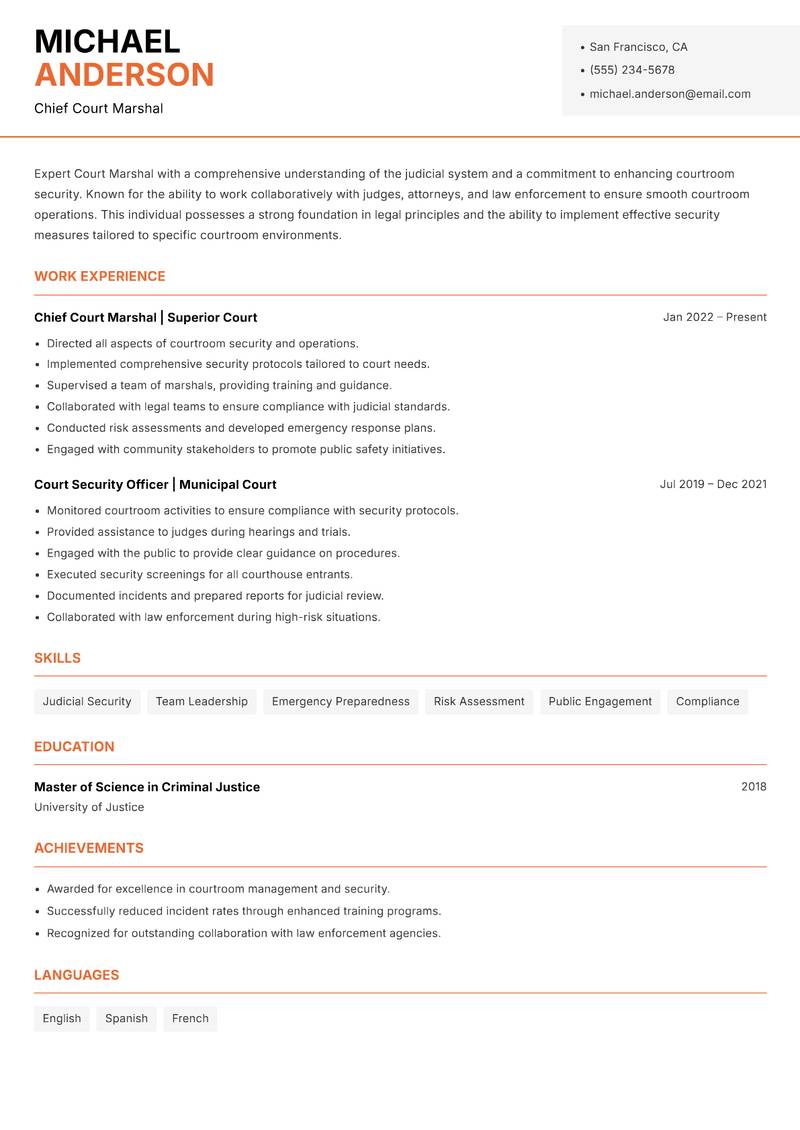 Court Marshal resume template — Modern Professional