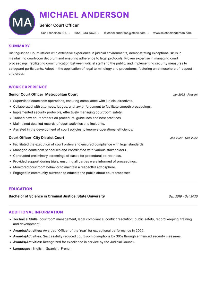 Court Officer resume example — ATS-friendly template