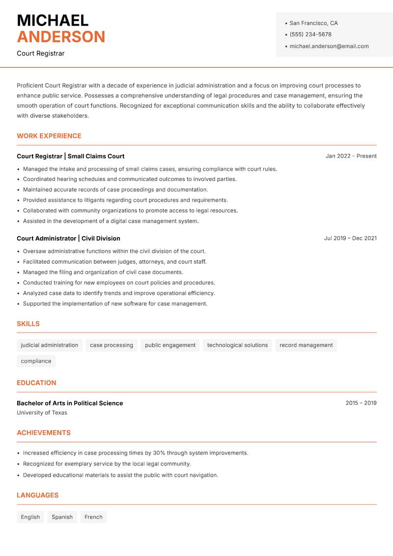 Court Registrar resume template — Modern Professional