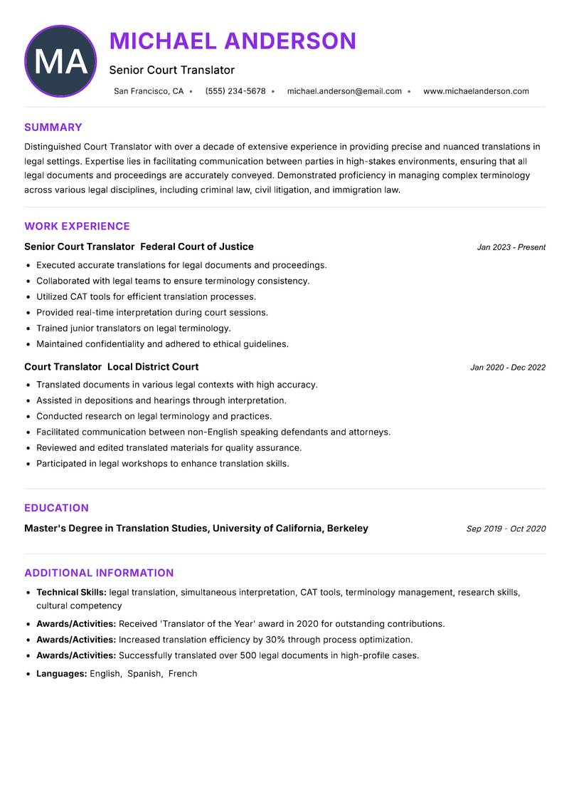 Court Translator resume example — ATS-friendly template