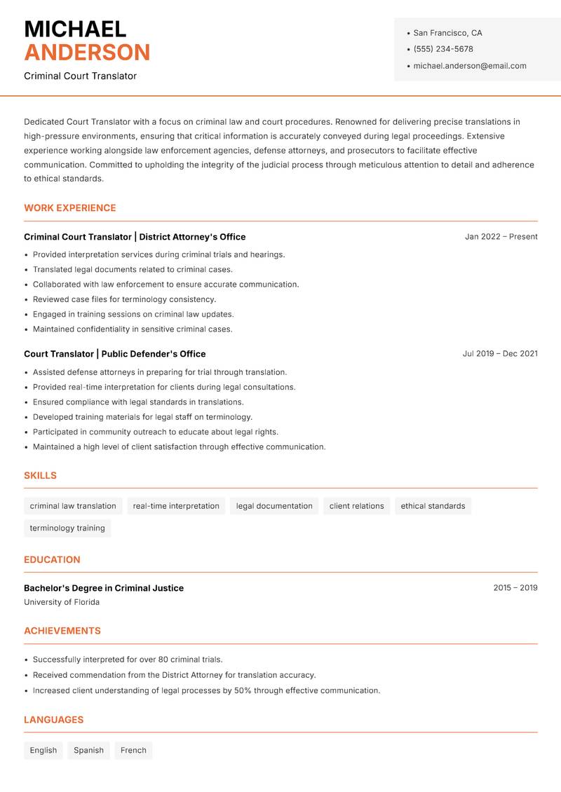 Court Translator resume template — Modern Professional