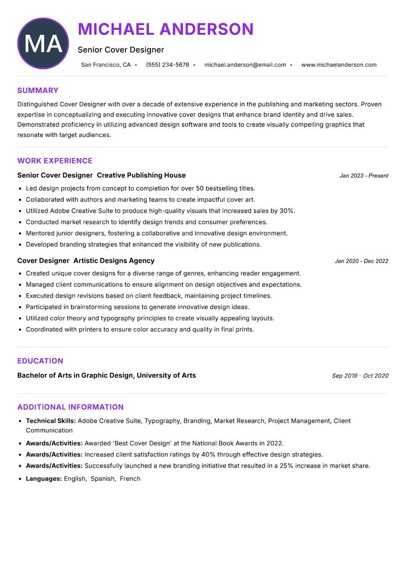 Cover Designer resume example — ATS-friendly template
