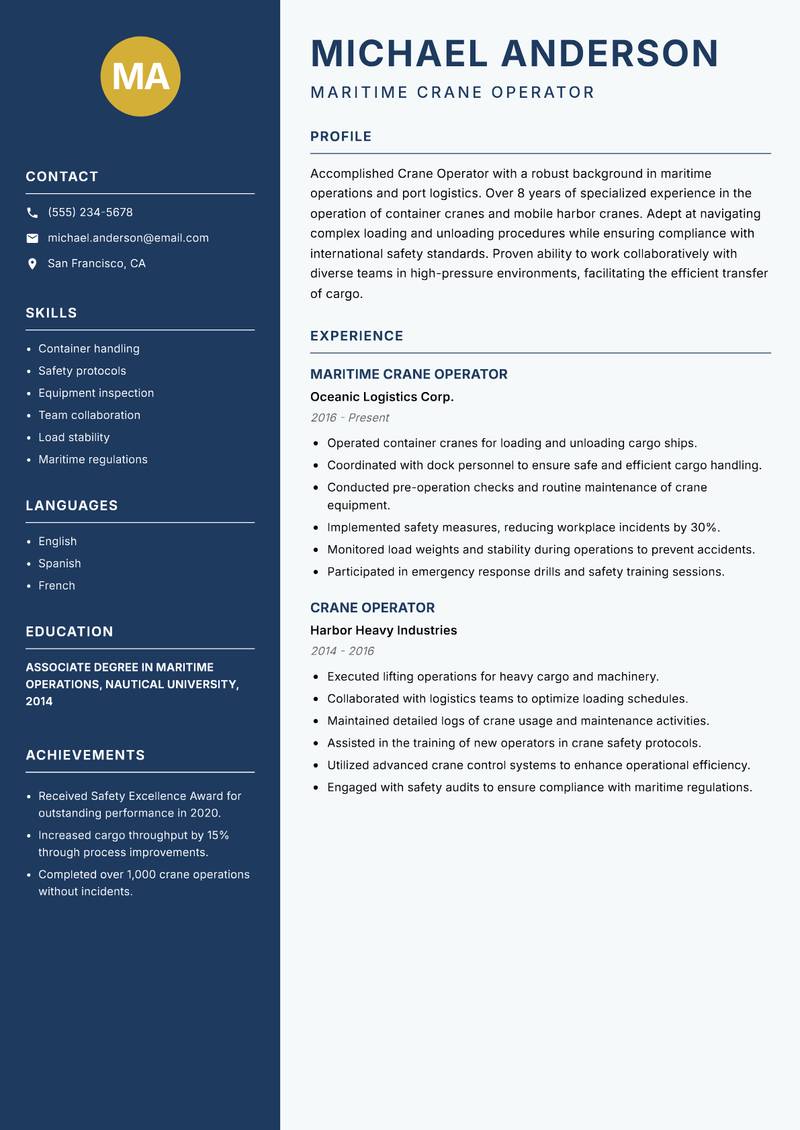 Crane Operator resume template — Classic Clean