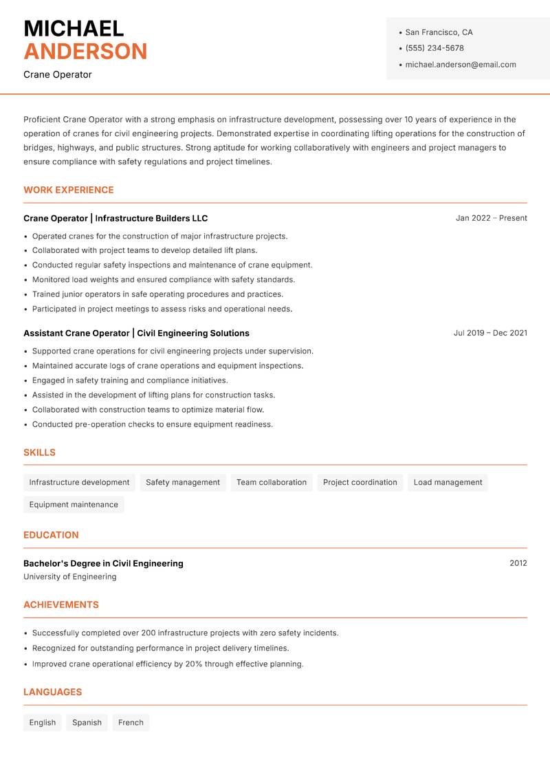 Crane Operator resume template — Modern Professional