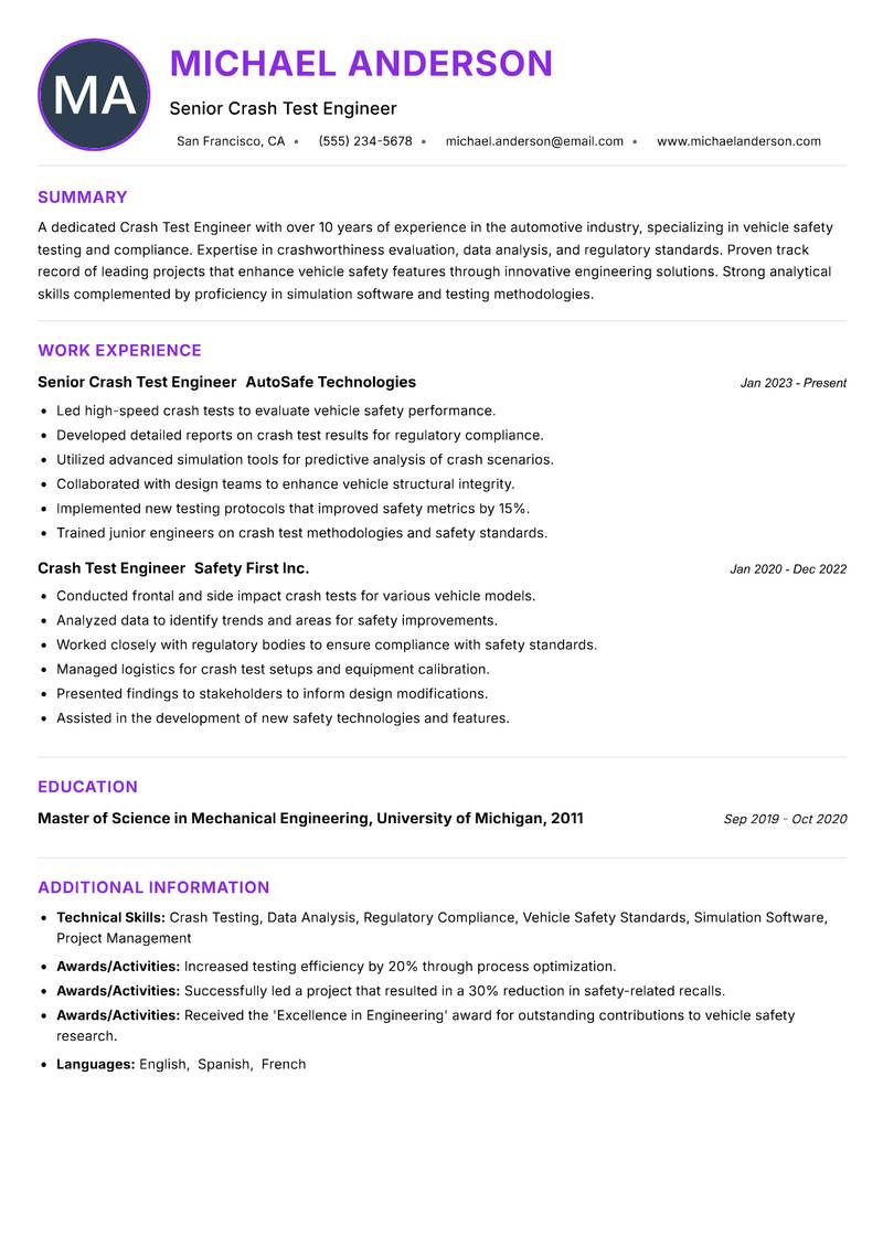 Crash Test Engineer resume example — ATS-friendly template