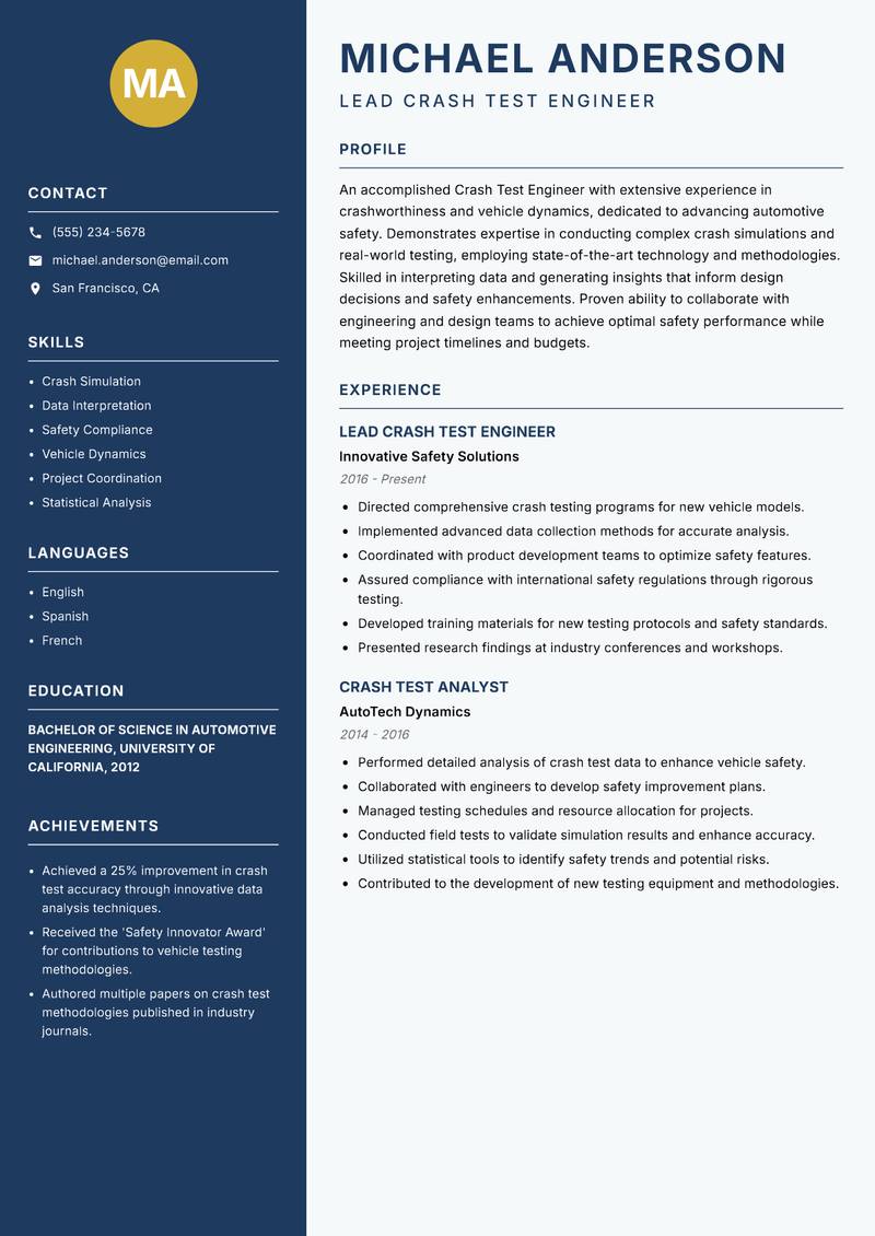 Crash Test Engineer resume template — Classic Clean
