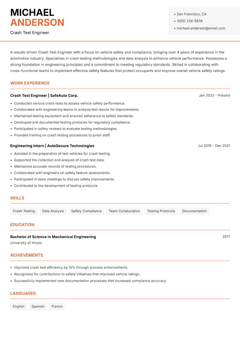 Crash Test Engineer resume template — Modern Professional