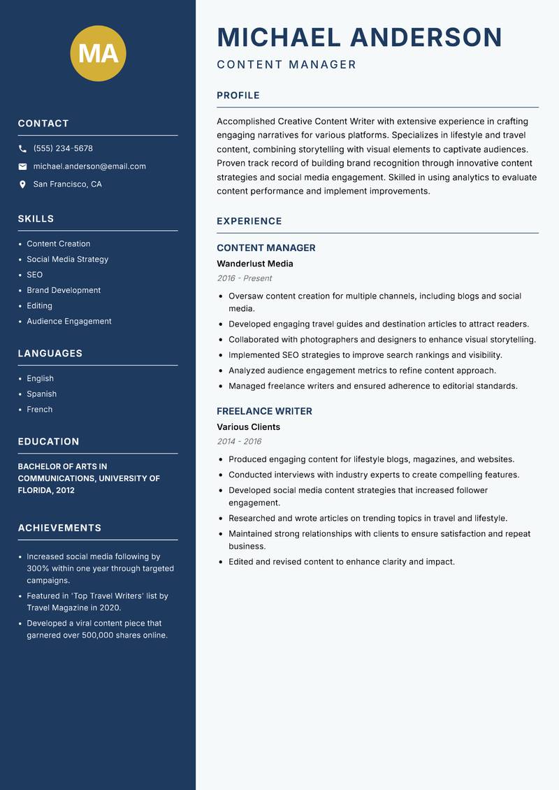 Creative Content Writer resume template — Classic Clean