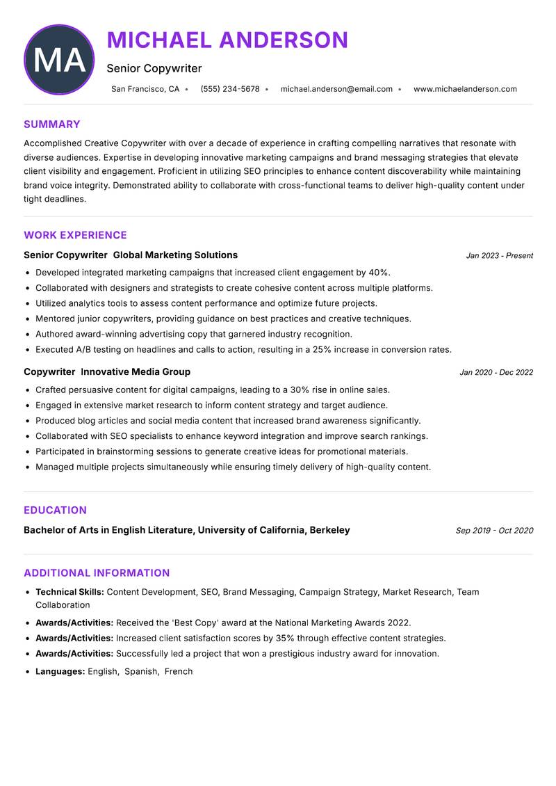 Creative Copywriter resume example — ATS-friendly template