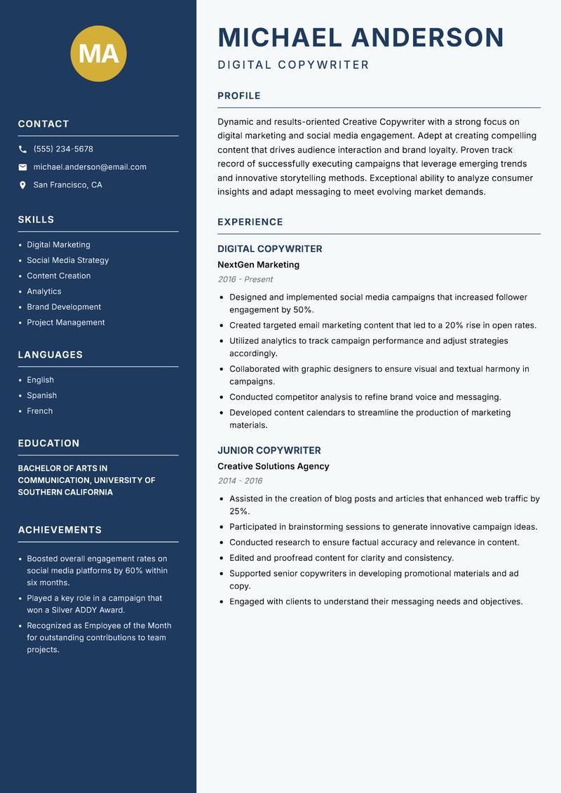 Creative Copywriter resume template — Classic Clean