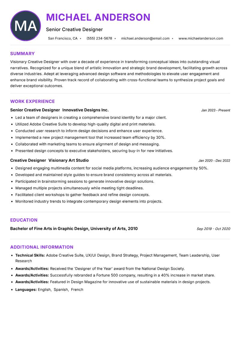 Creative Designer resume example — ATS-friendly template