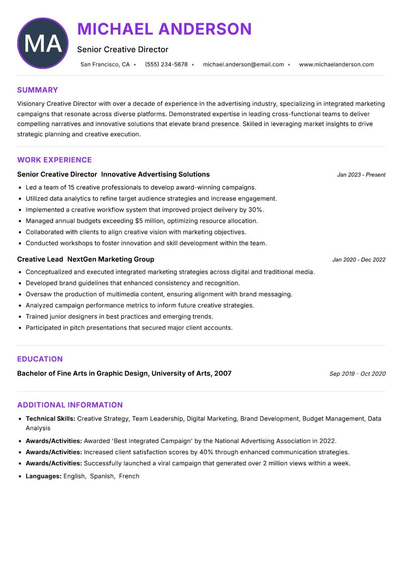 Creative Director Advertising resume example — ATS-friendly template