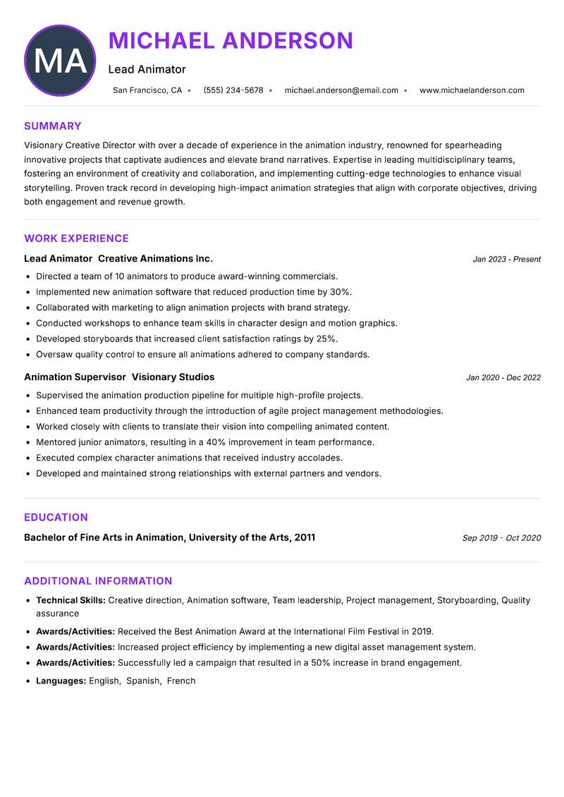 Creative Director Animation resume example — ATS-friendly template