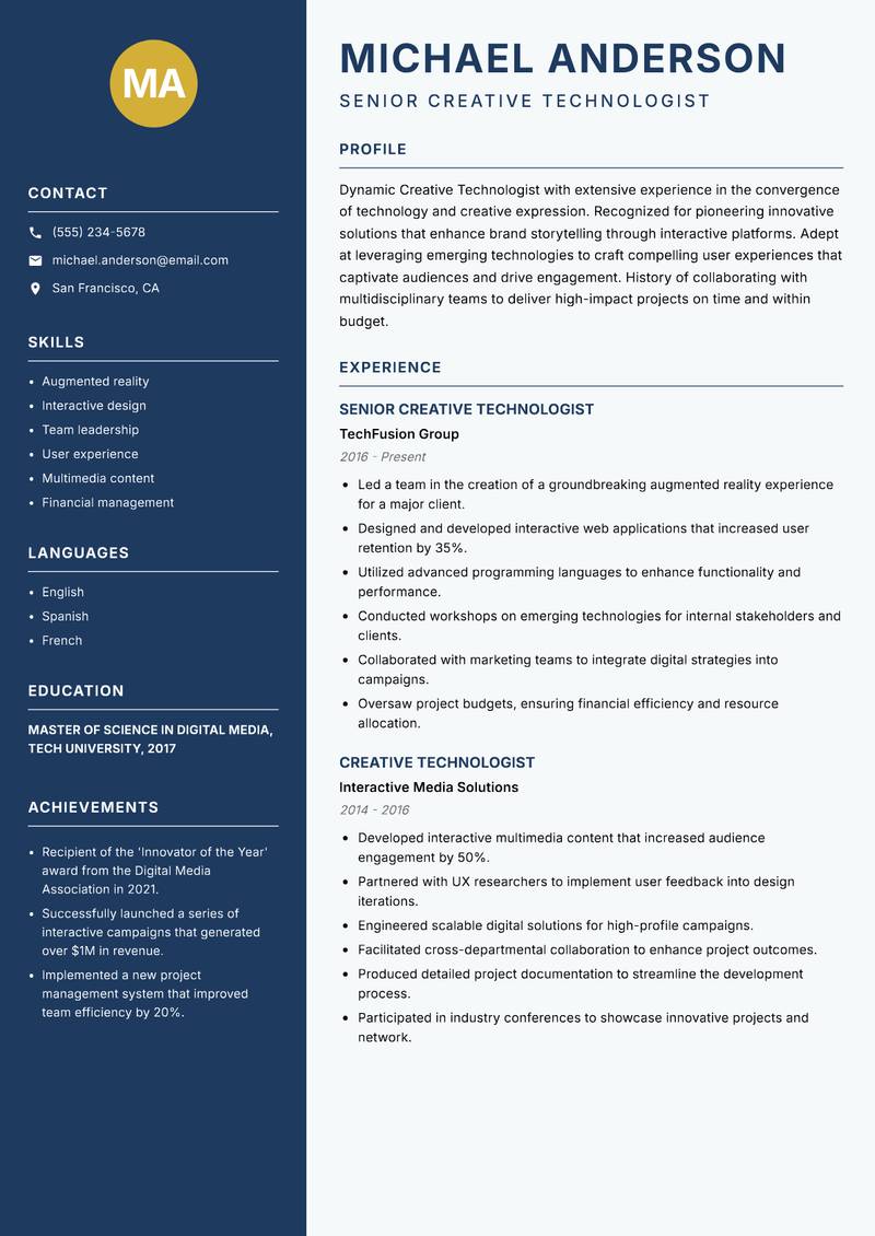 Creative Technologist resume template — Classic Clean