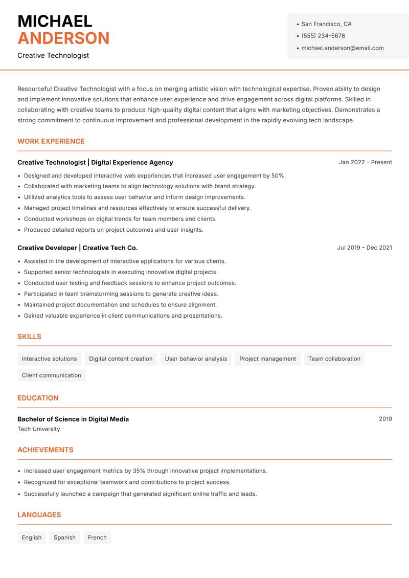 Creative Technologist resume template — Modern Professional