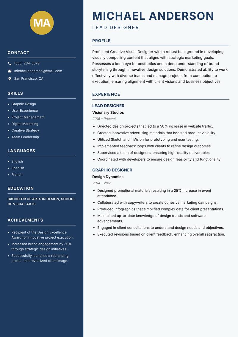 Creative Visual Designer resume template — Classic Clean