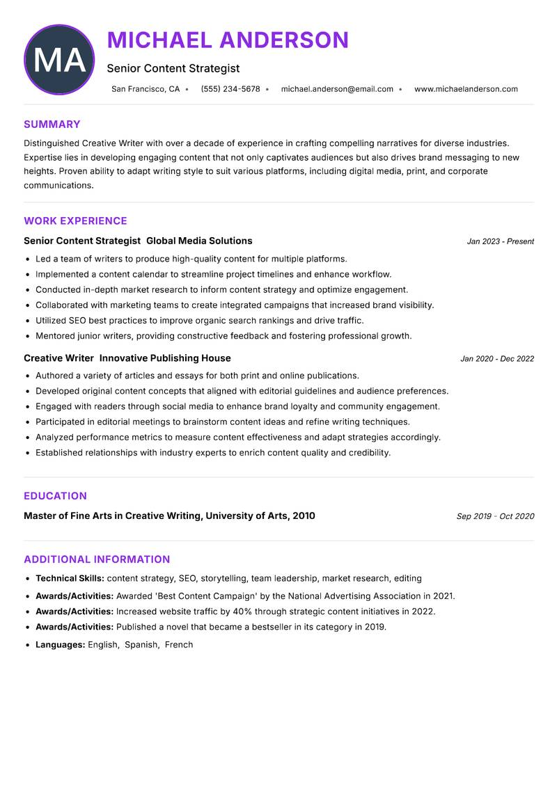 Creative Writer resume example — ATS-friendly template