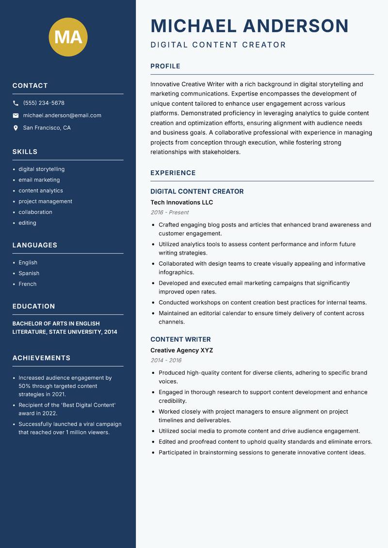 Creative Writer resume template — Classic Clean
