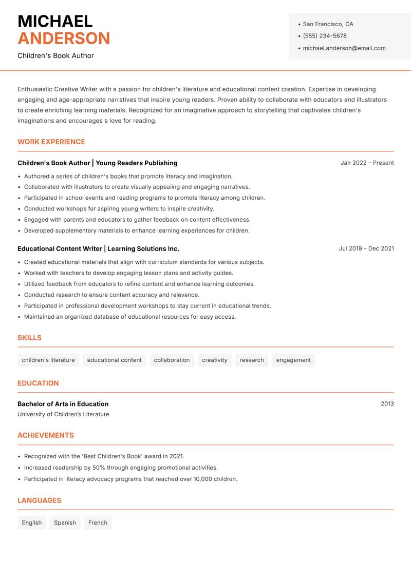 Creative Writer resume template — Modern Professional