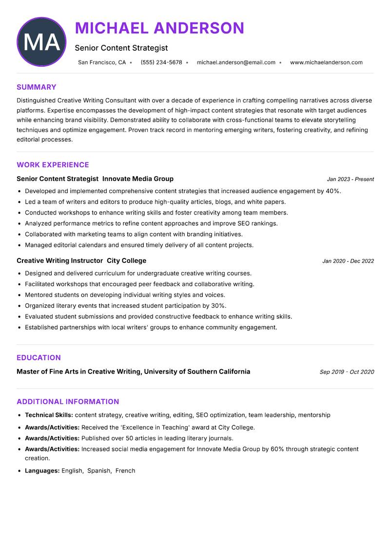 Creative Writing Consultant resume example — ATS-friendly template