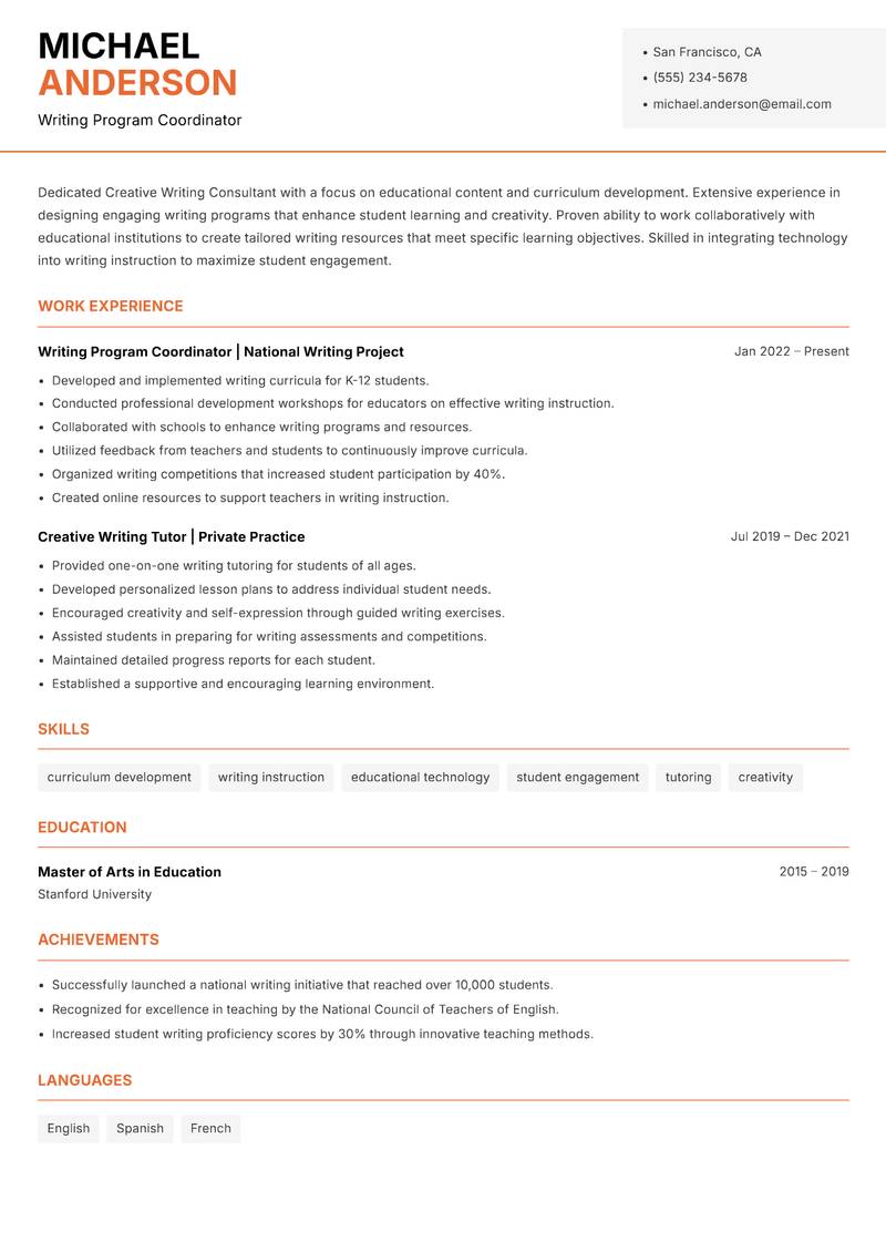 Creative Writing Consultant resume template — Modern Professional