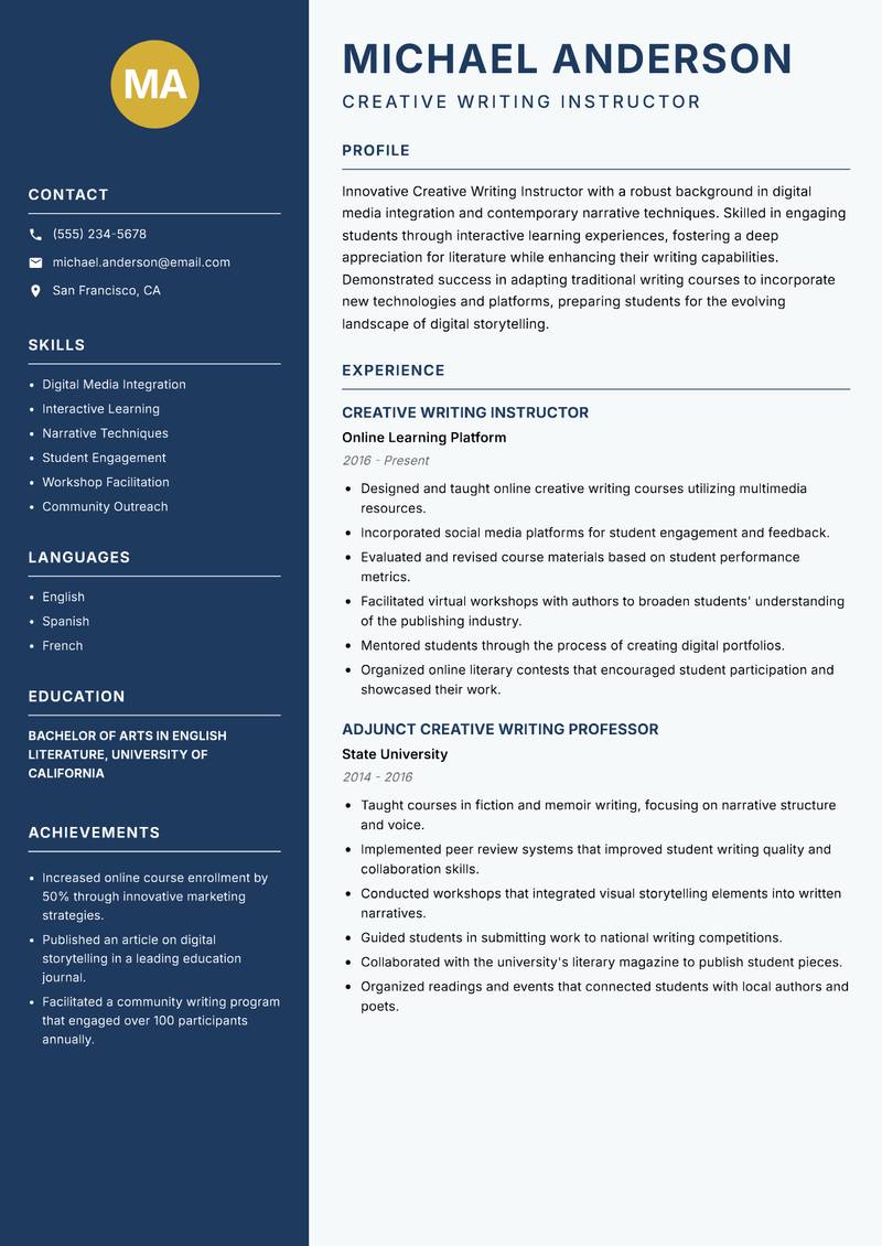 Creative Writing Instructor resume template — Classic Clean
