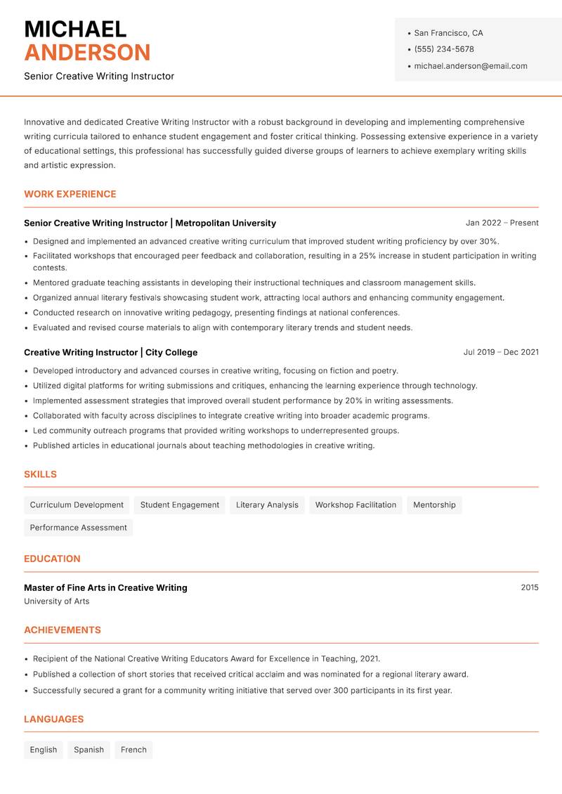Creative Writing Instructor resume template — Modern Professional