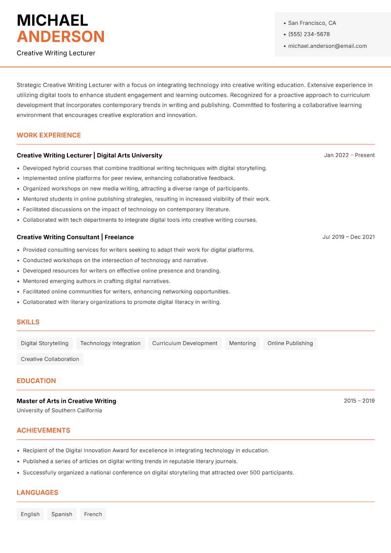 Creative Writing Lecturer resume template — Modern Professional