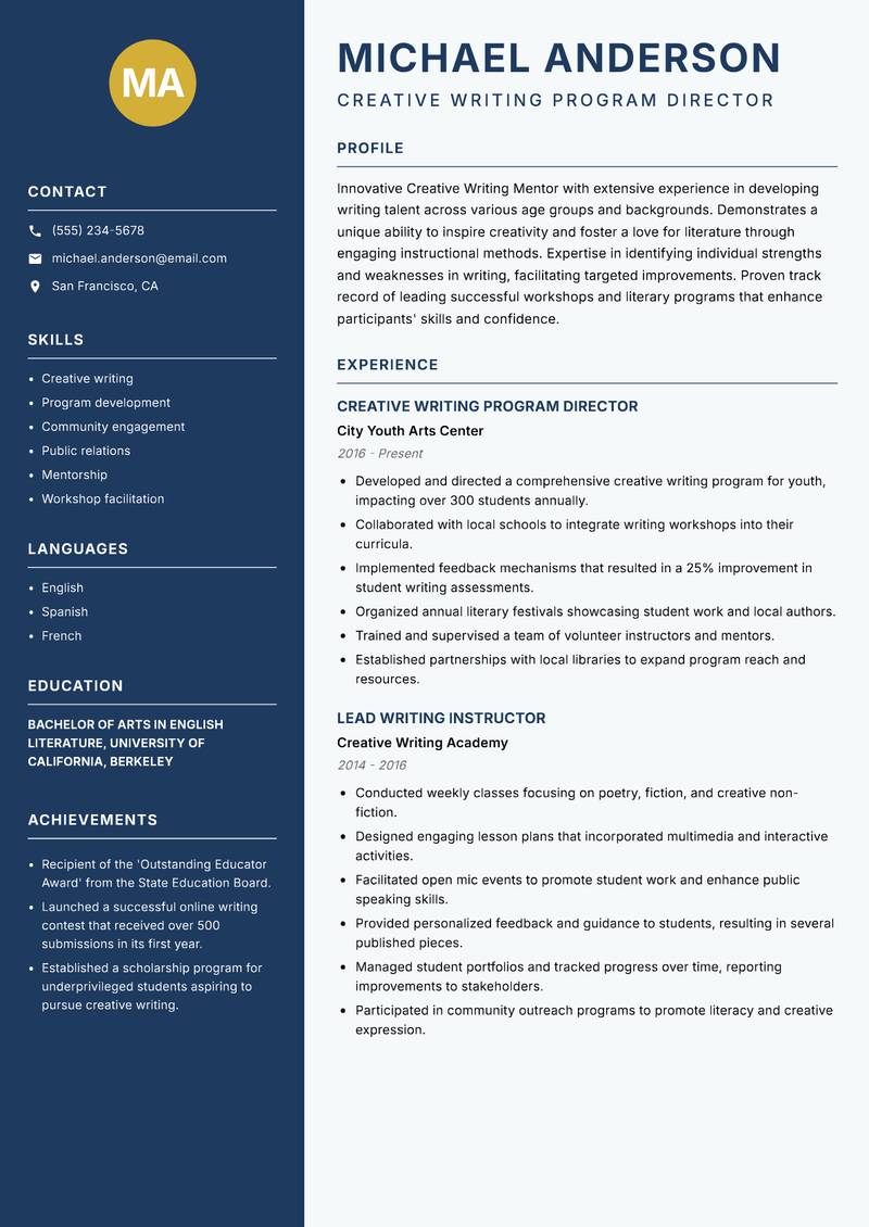 Creative Writing Mentor resume template — Classic Clean